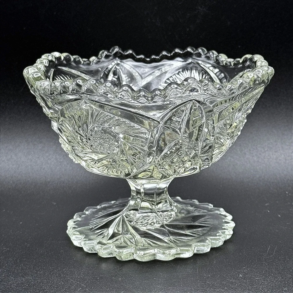 Vintage Imperial Glass Whirling Star Scallop Pressed Glass Pedestal Compote